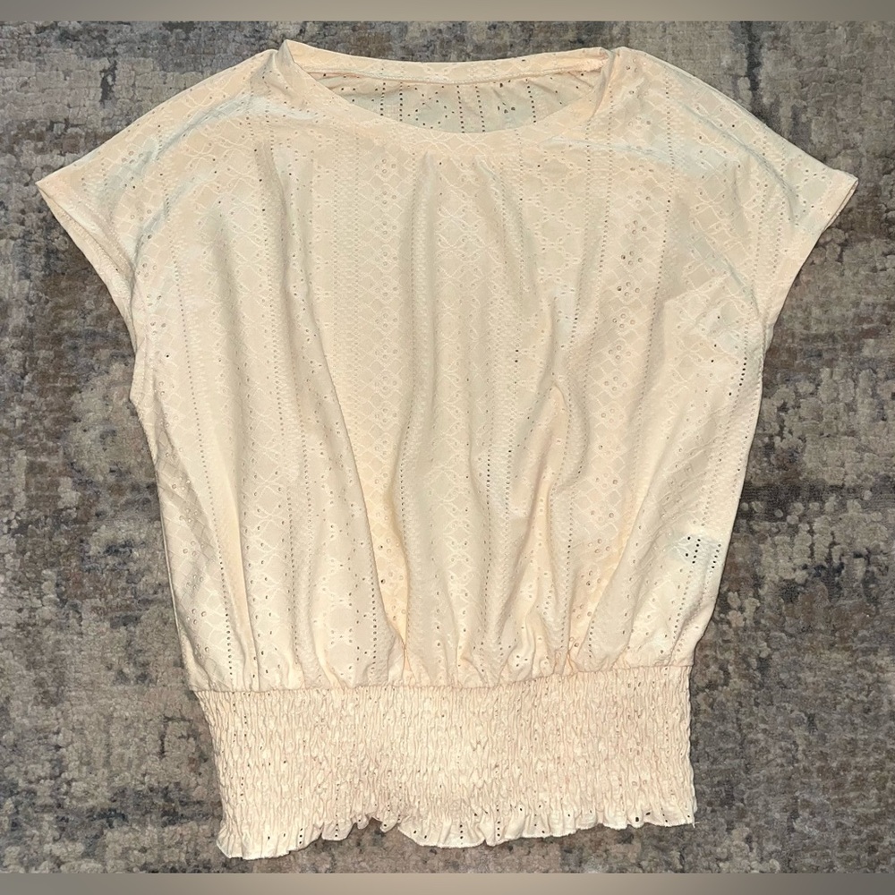 SHEIN Cream Eyelet Smocked-Hem Blouse